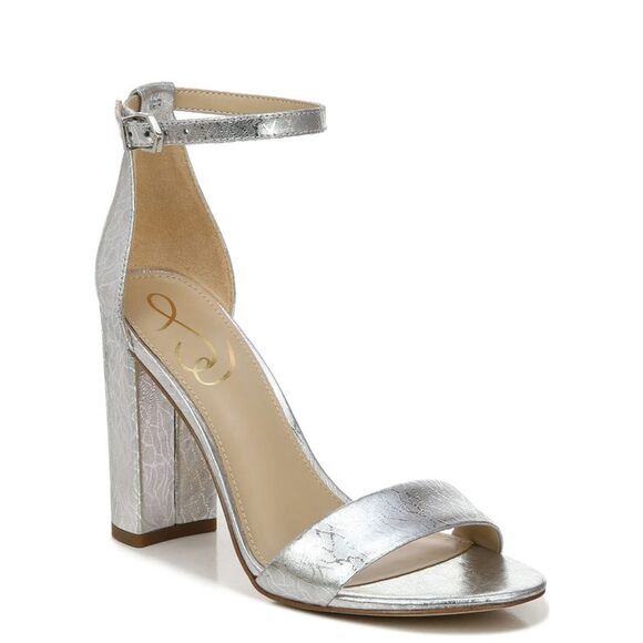 NWT SAM EDELMAN Womens Silver Yaro Almond Block Heel Leather Heeled Sandal 10 M - Picture 1 of 5